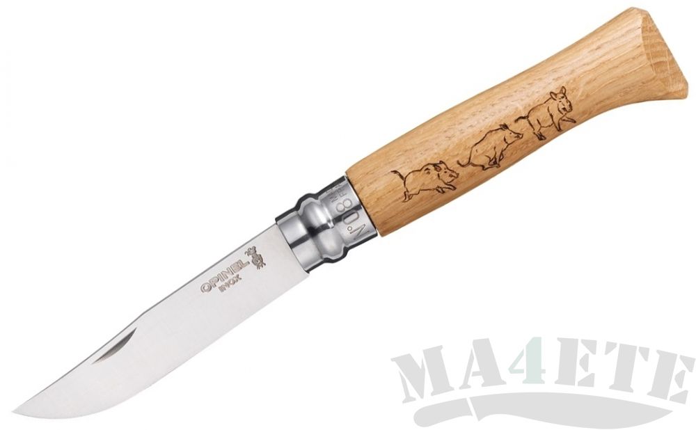 картинка Нож складной Opinel Animalia Boar нержавеющая сталь, рукоять дуб, гравировка кабан 8VRI от магазина ma4ete