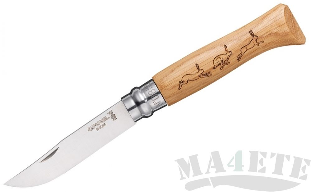 картинка Нож складной Opinel Animalia Hare нержавеющая сталь, рукоять дуб, гравировка заяц 8VRI от магазина ma4ete