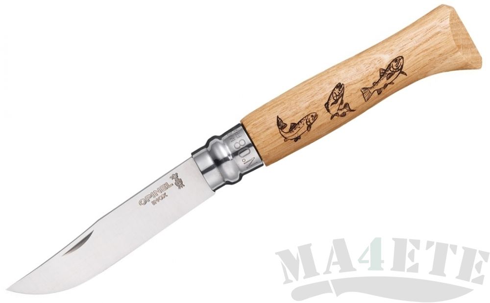 картинка Нож складной Opinel Animalia Trout нержавеющая сталь, рукоять дуб, гравировка форель 8VRI от магазина ma4ete