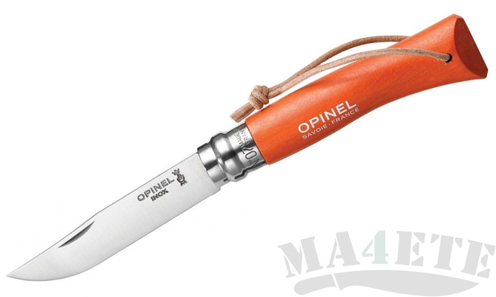картинка Нож складной Opinel Tradition Colored 07,с кожаным шнурком, цвет оранжевый, граб, нержавеющая сталь 7VRI от магазина ma4ete