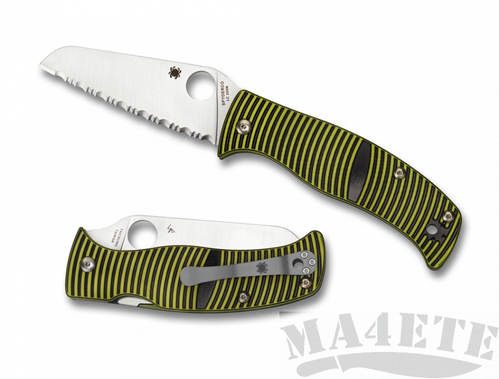 картинка Нож складной Spyderco Caribbean Sheepsfoot Serrated Blade Rustproof LC200N Steel, Yellow and Black Layered G10 Handle C217GSSF от магазина ma4ete